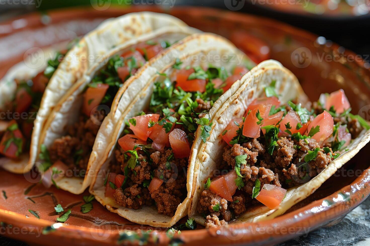 Mexican tacos with ground beef, tomatoes, and cilantro photo