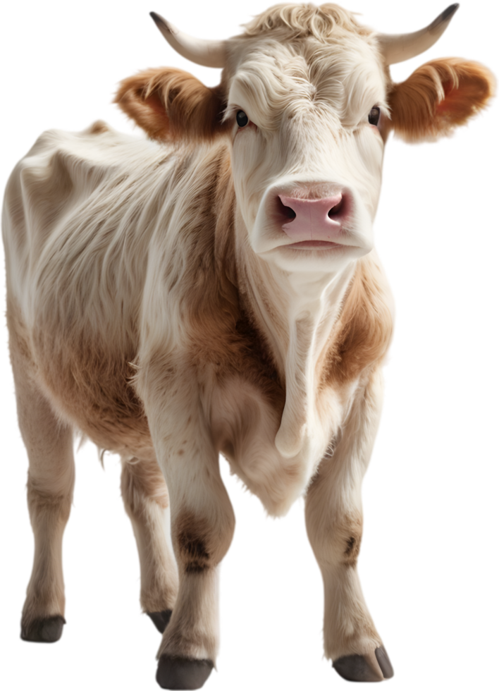 Adorable, soft coated bovine creature, pastoral bliss. AI-generated. png