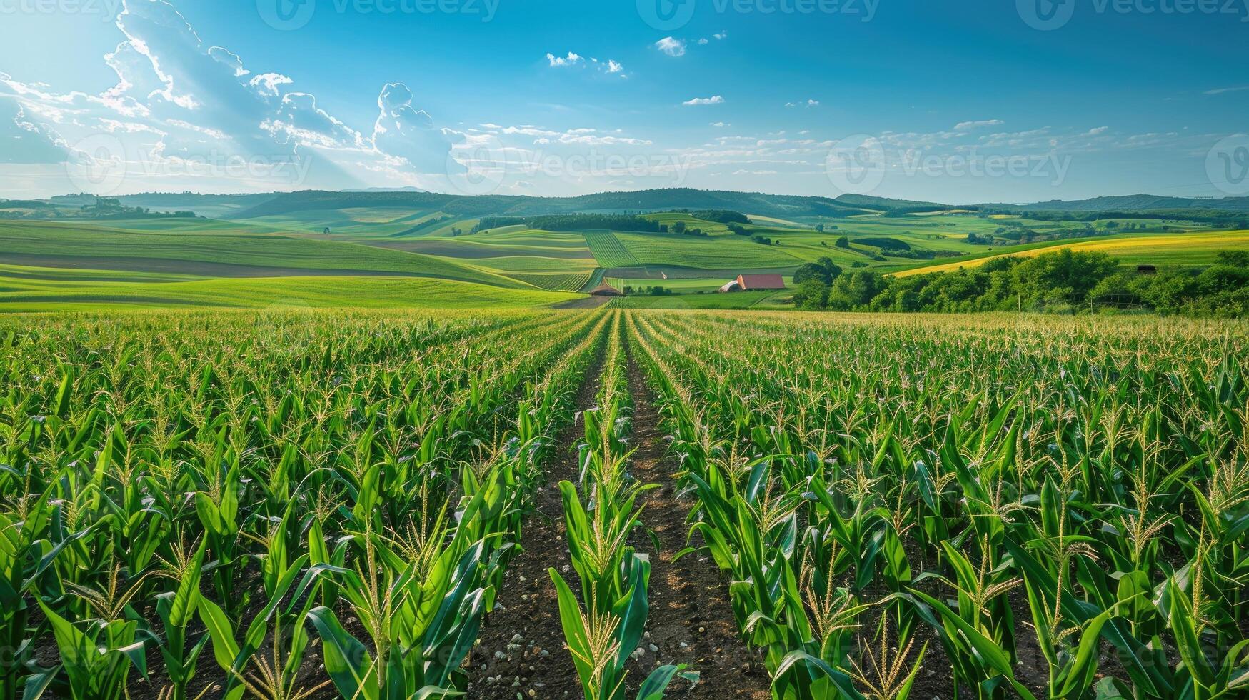 A verdant cornfield extends towards rolling hills under a blue sky with fluffy clouds photo