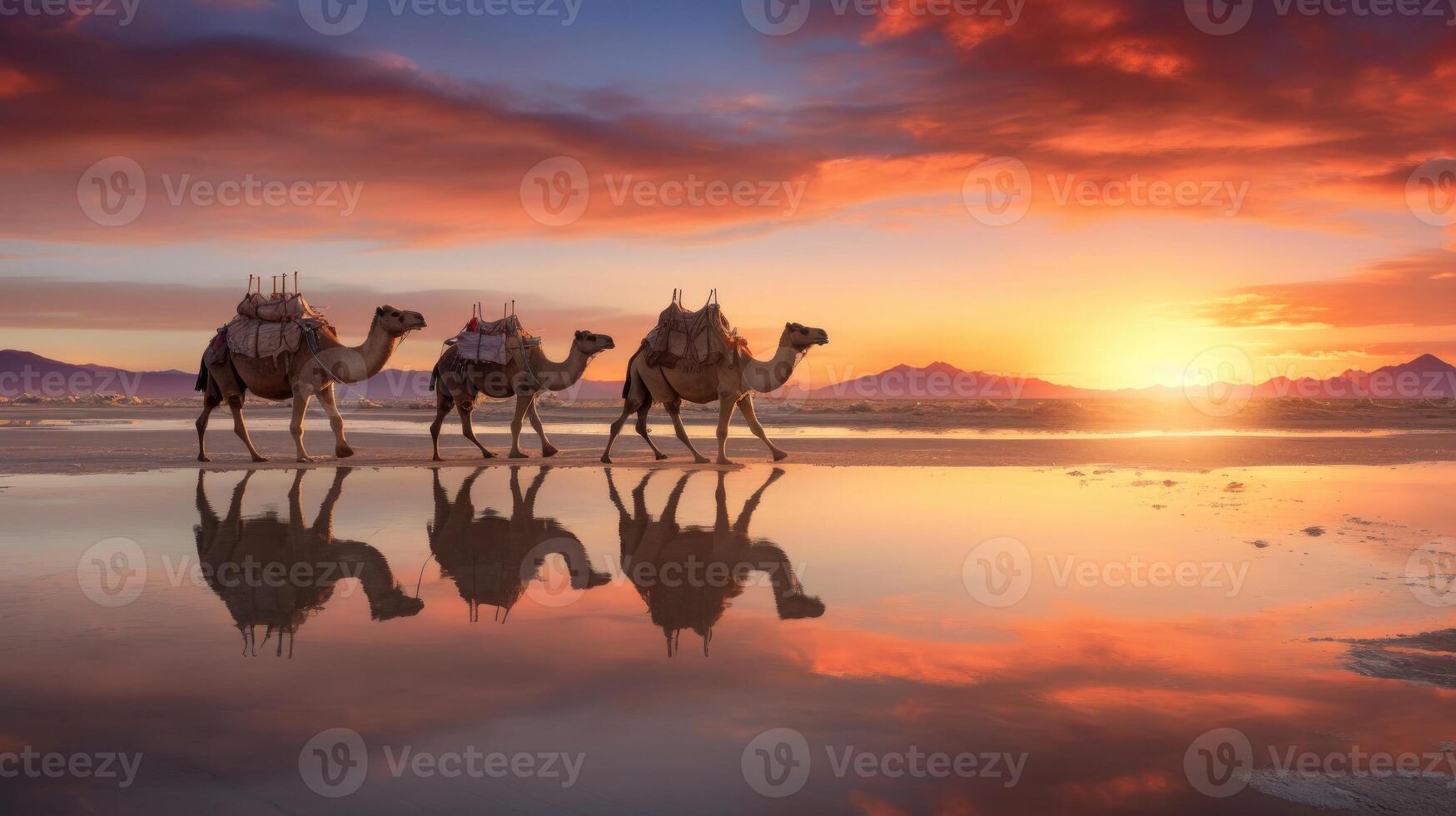 Silhouette of a camel caravan walking along a beach at sunset, with reflection on water photo