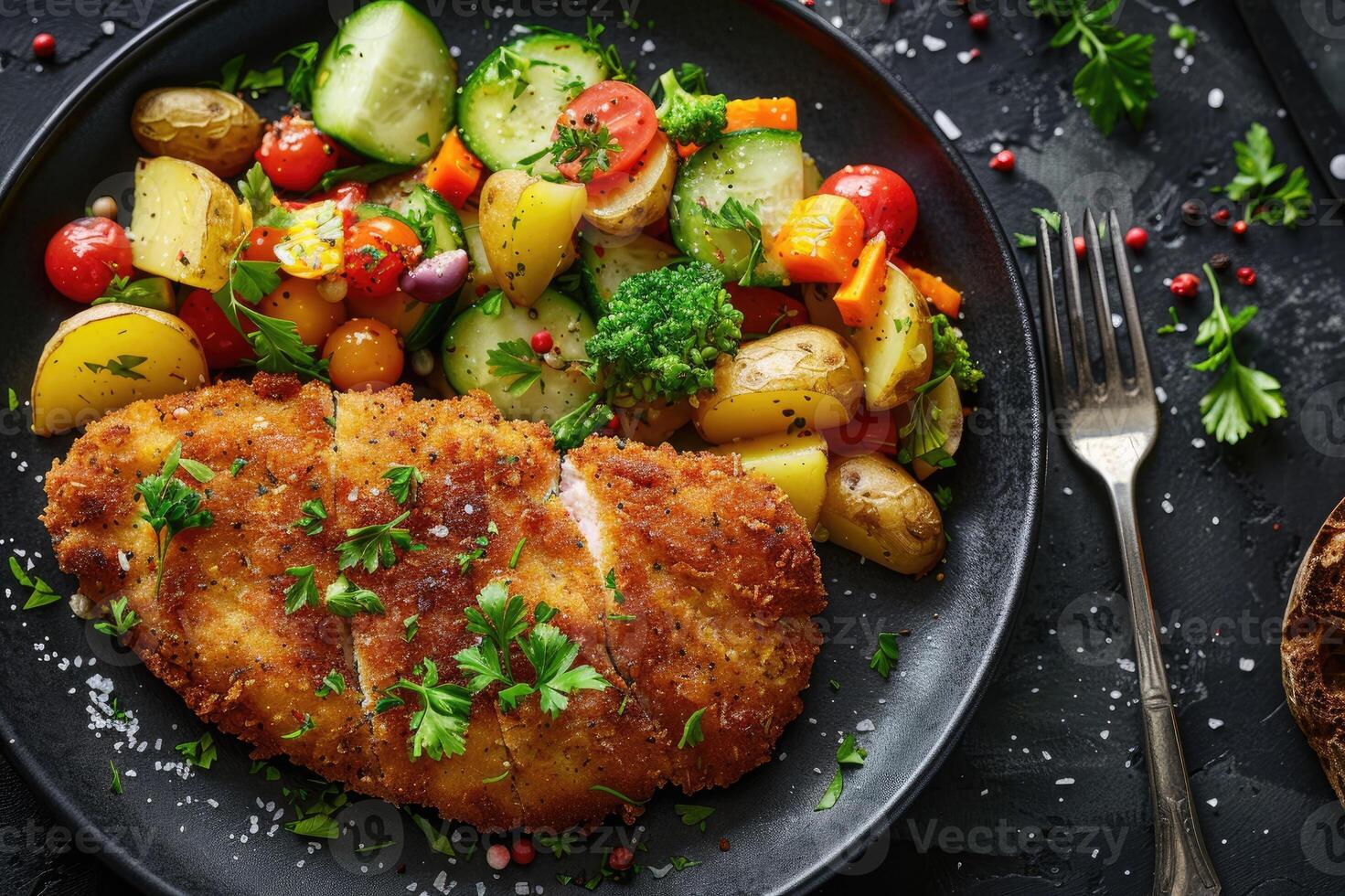 Delicious breaded schnitzel with herbs, served with potatoes and mixed vegetables photo