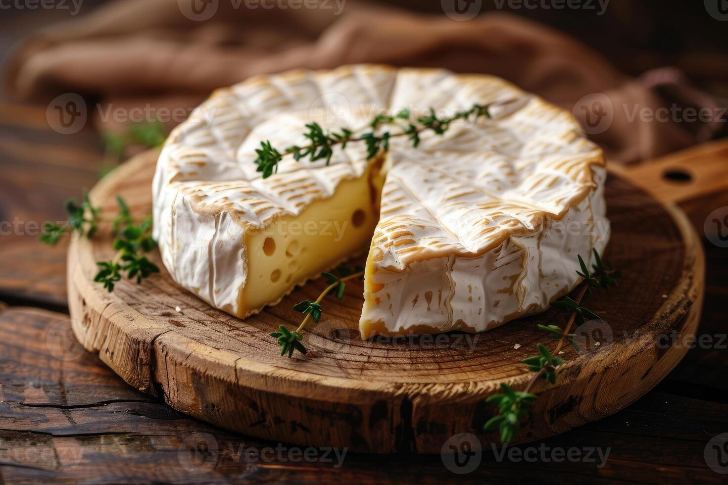 Camembert cheese with fresh thyme on wood photo