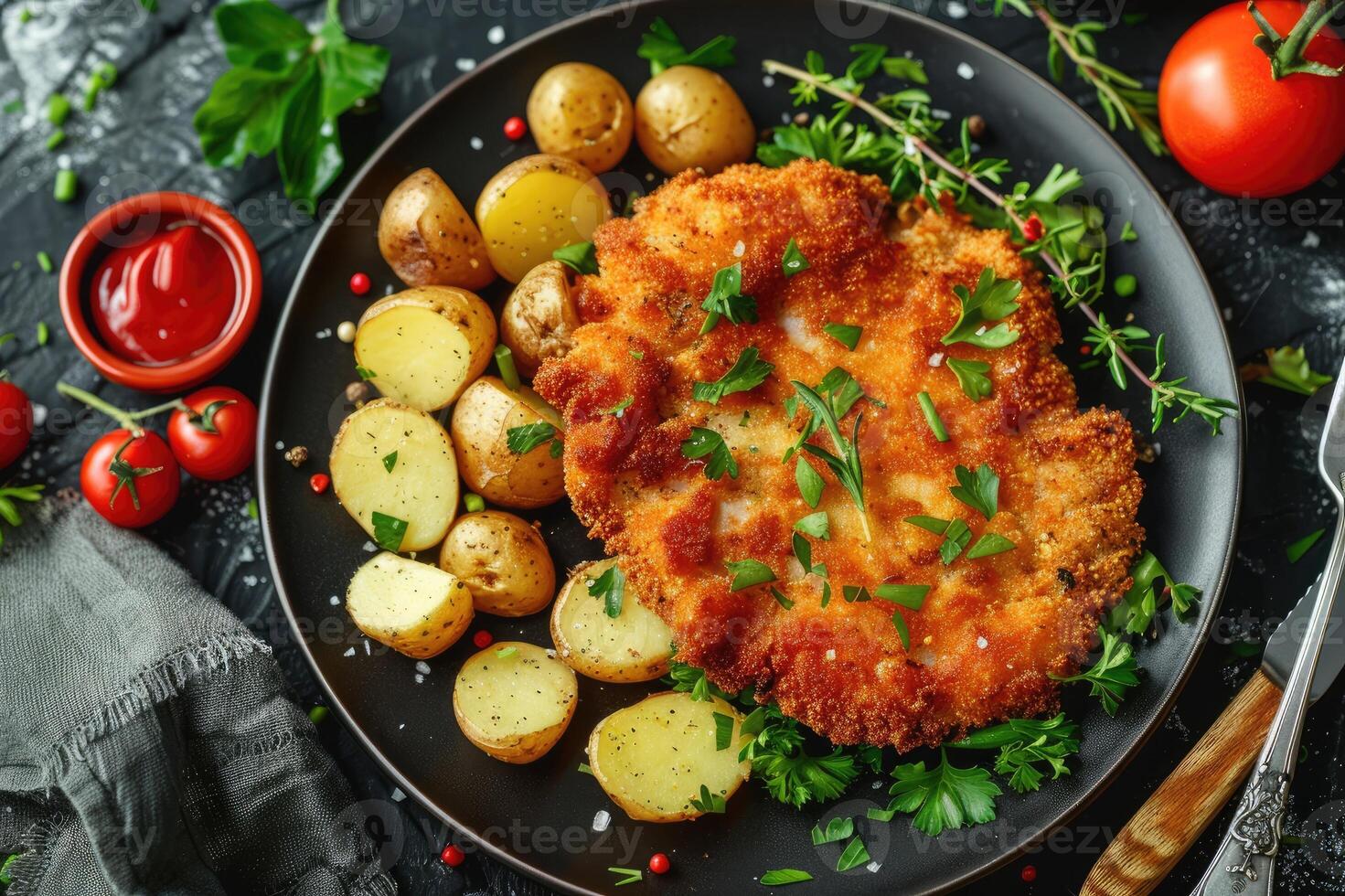 Delicious breaded schnitzel with herbs, served with potatoes and mixed vegetables photo