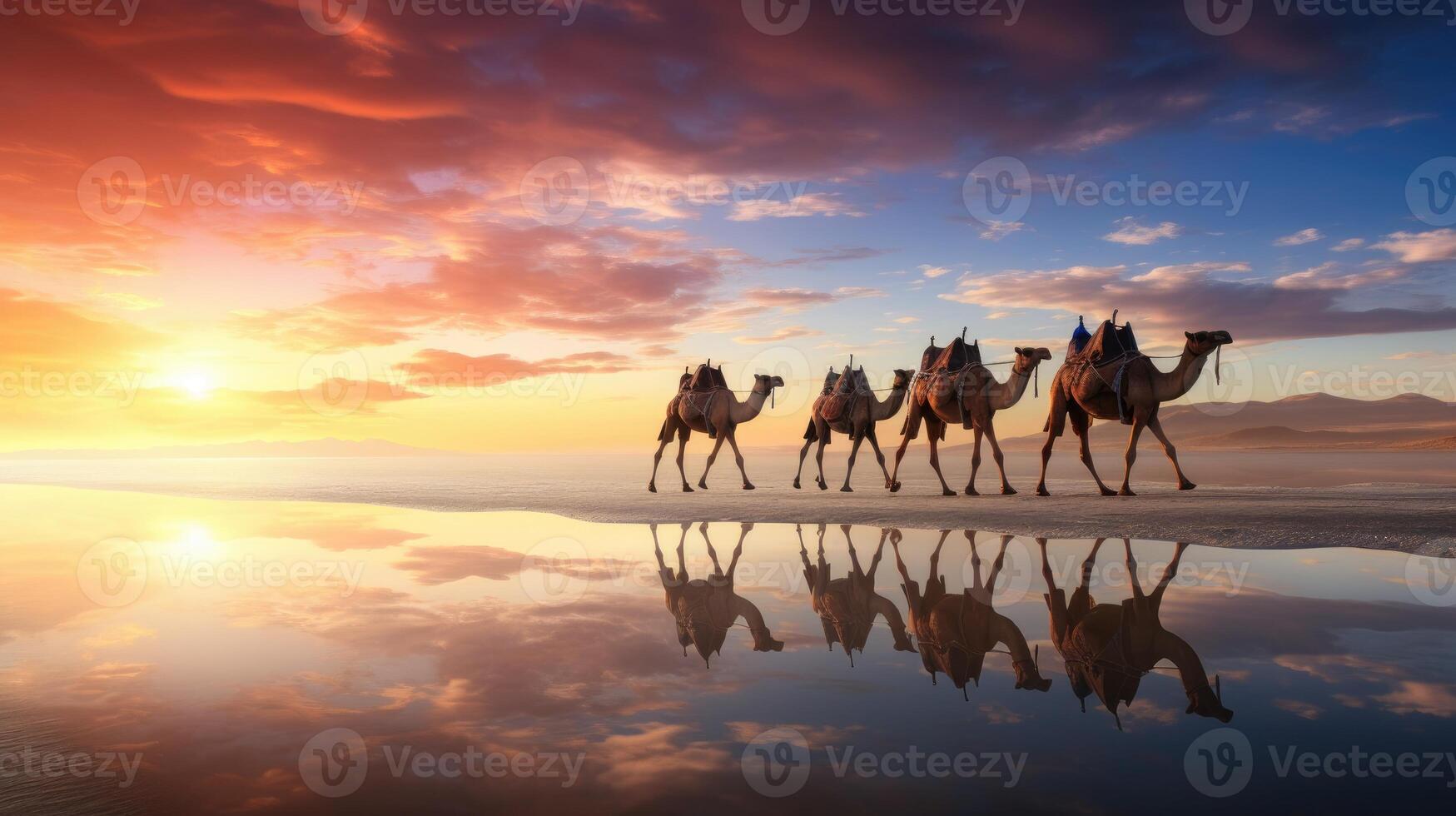 Silhouette of a camel caravan walking along a beach at sunset, with reflection on water photo