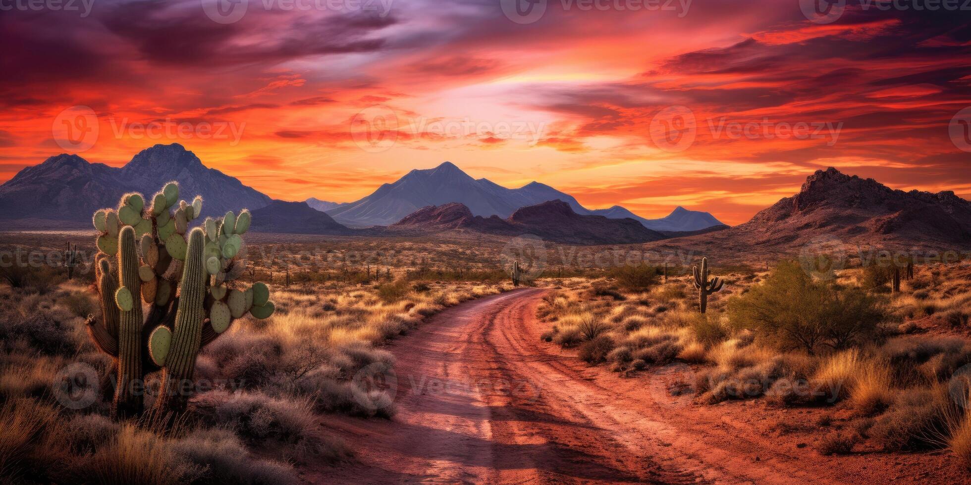 Wild West Texas desert landscape with sunset with mountains and cacti. photo
