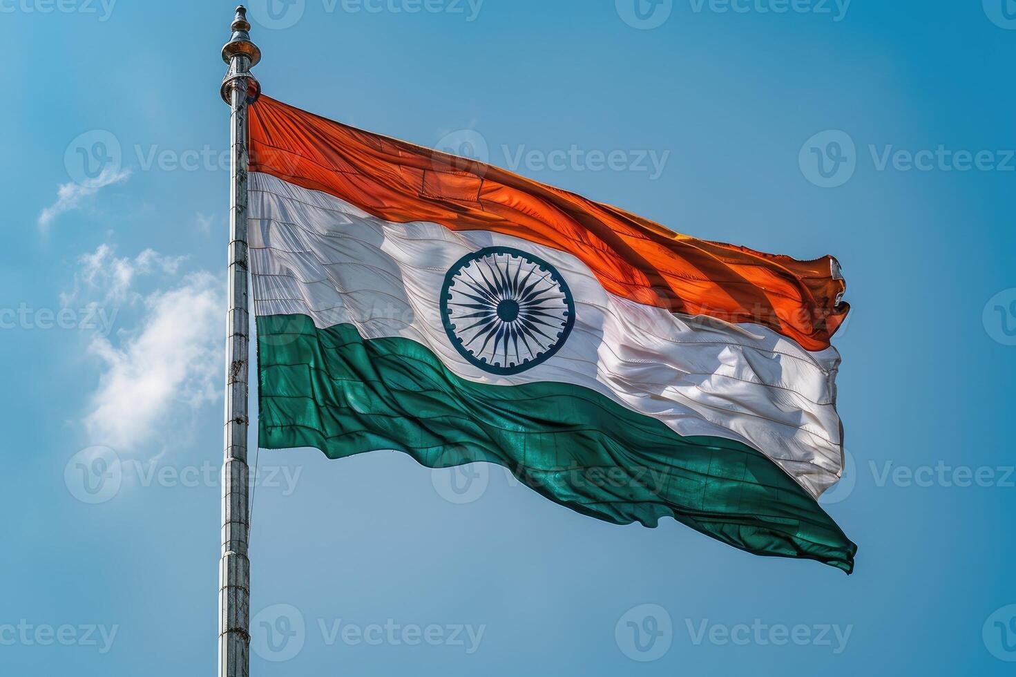 Indian flag waving on blue sky background photo