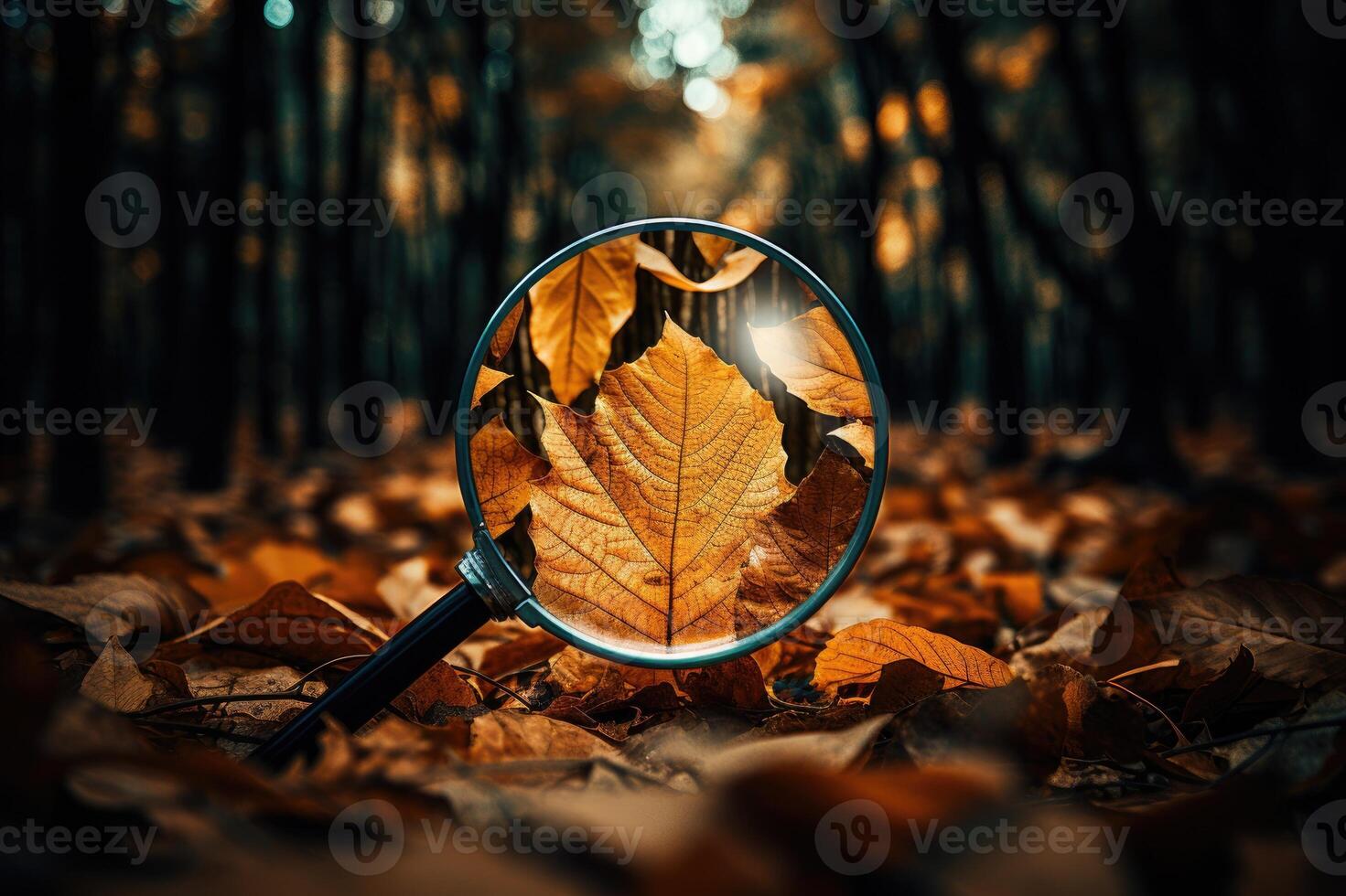 Magnifying glass focusing on the detailed texture of a yellow autumn leaf amid other fallen leaves photo