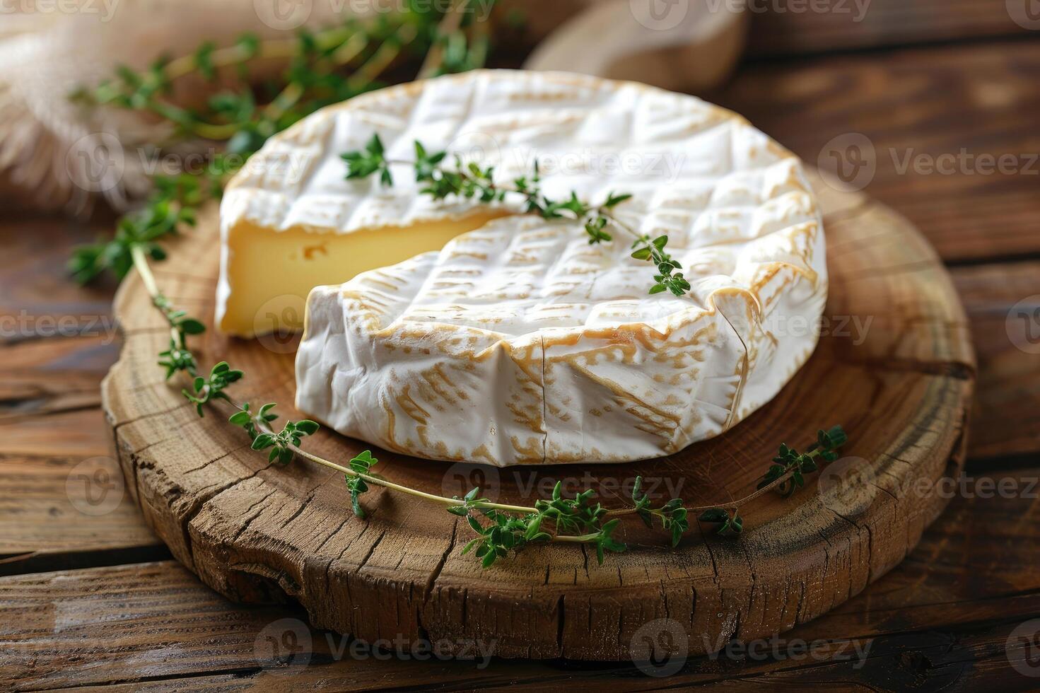 Camembert cheese with fresh thyme on wood photo