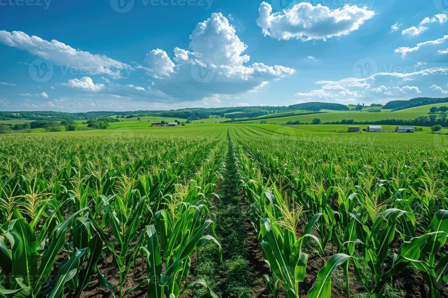 A verdant cornfield extends towards rolling hills under a blue sky with fluffy clouds photo