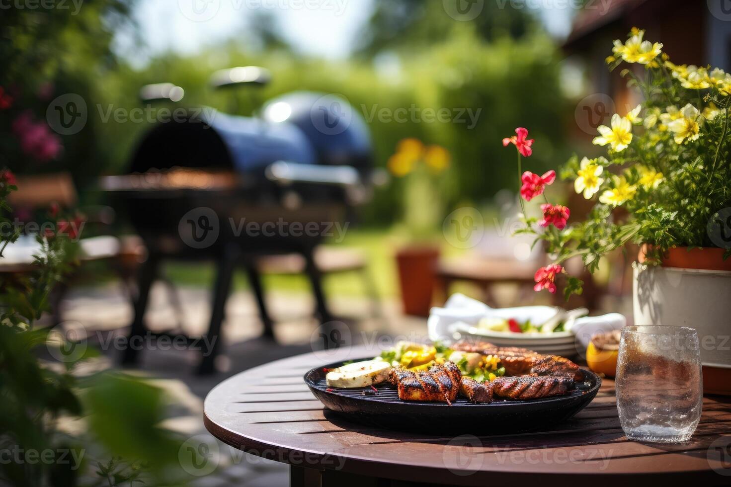 Summer garden table with barbeque grill in the background, ready for an outdoor familial meal photo