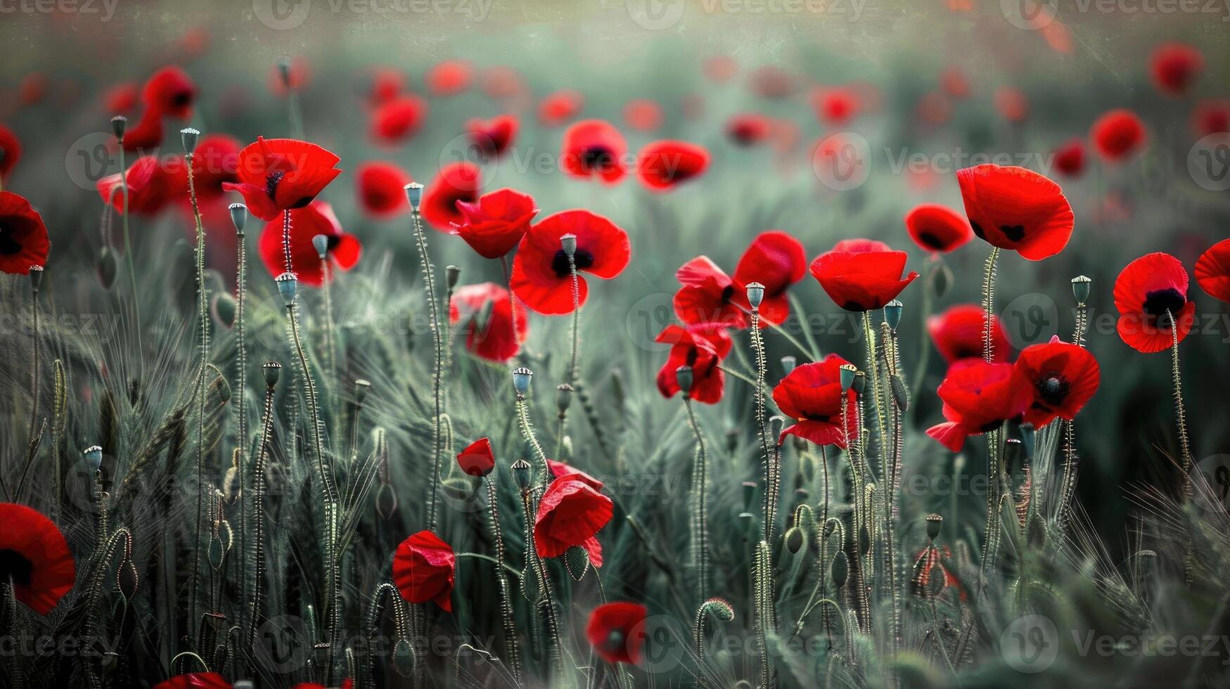 Field of red poppies and green wheat photo