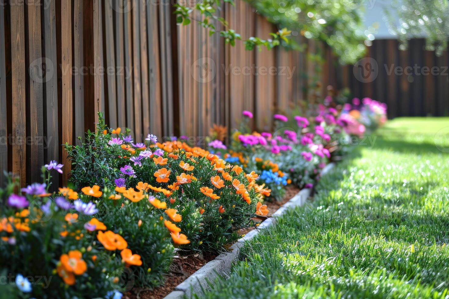 Modern fence and flower garden. photo