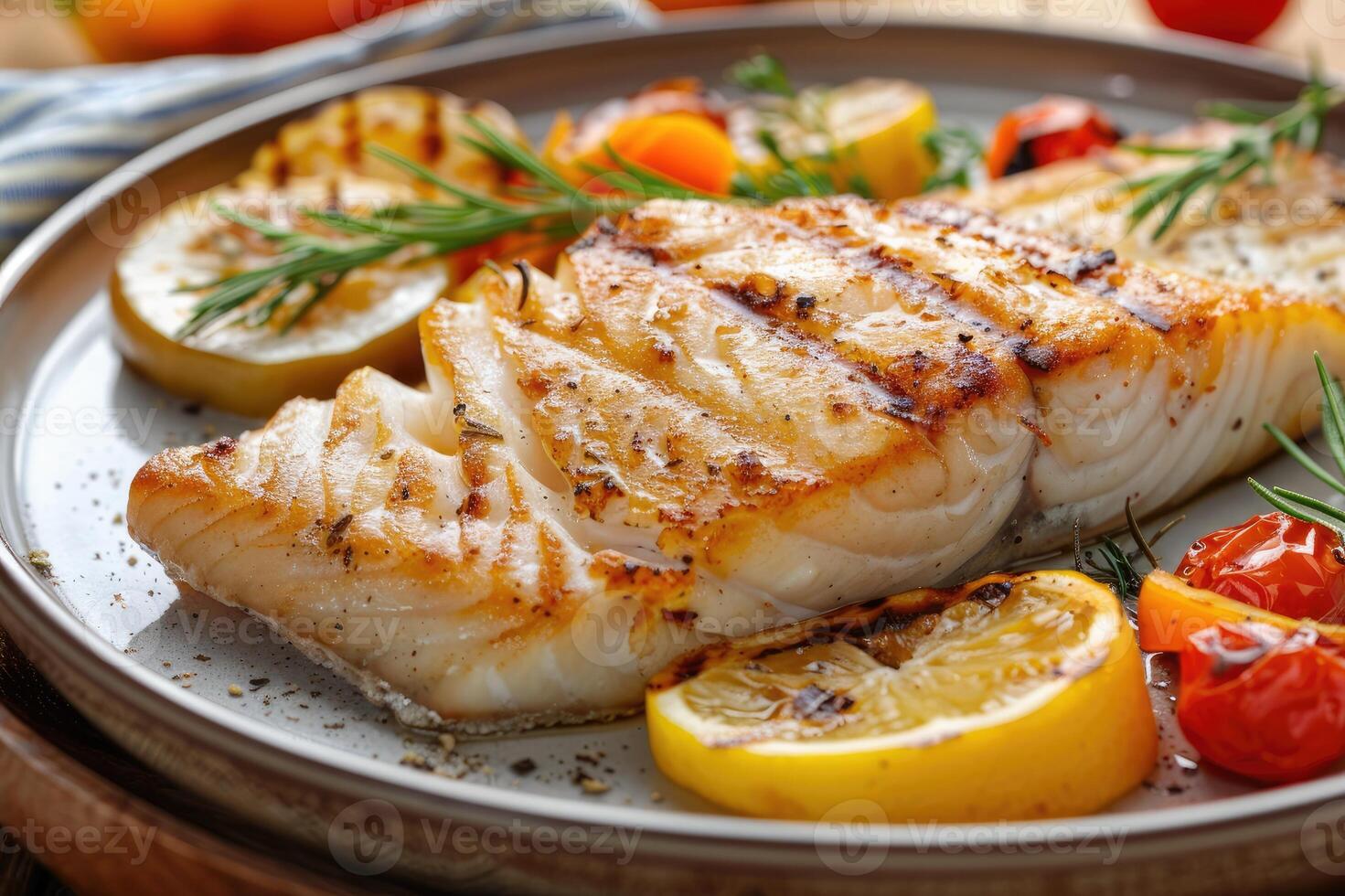 Grilled fish fillet with vegetables on a plate. photo