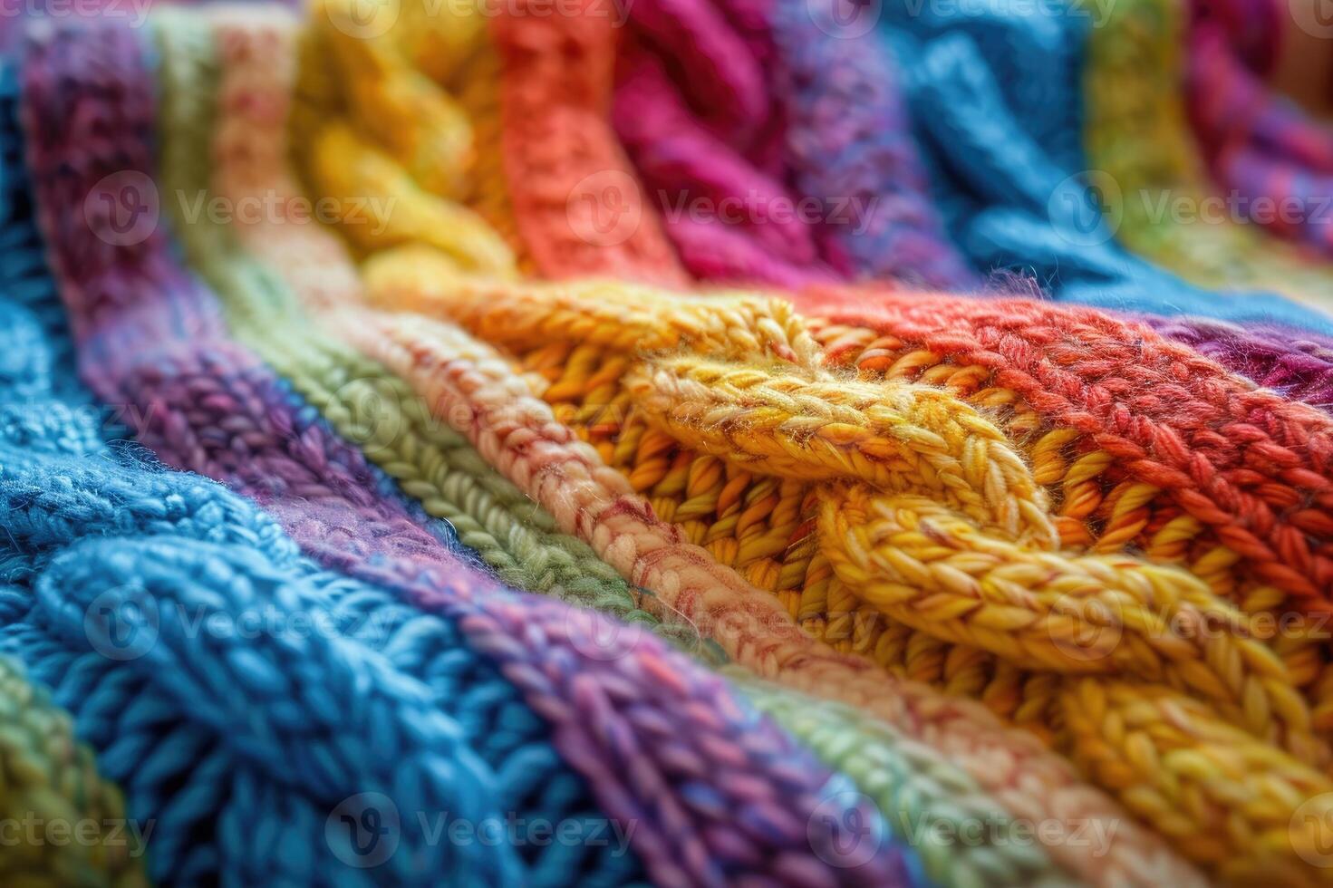 Multicolored knitted fabric showcasing a variety of vibrant yarns and intricate textures photo