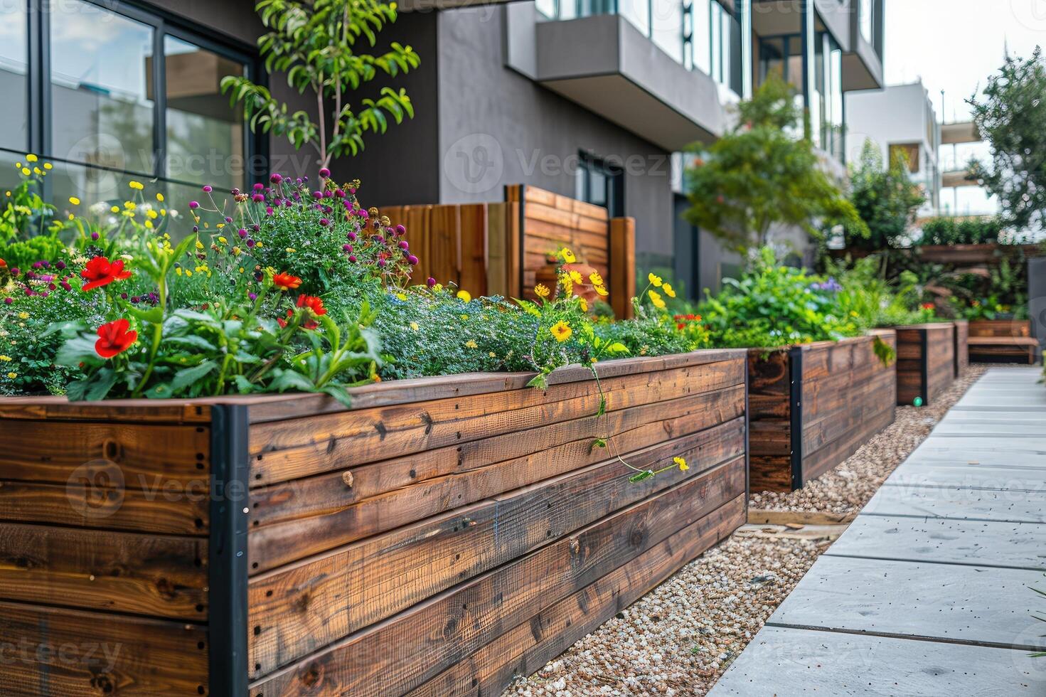 Wooden raised beds in modern urban garden with growing plants flowers herbs spices and vegetables. photo