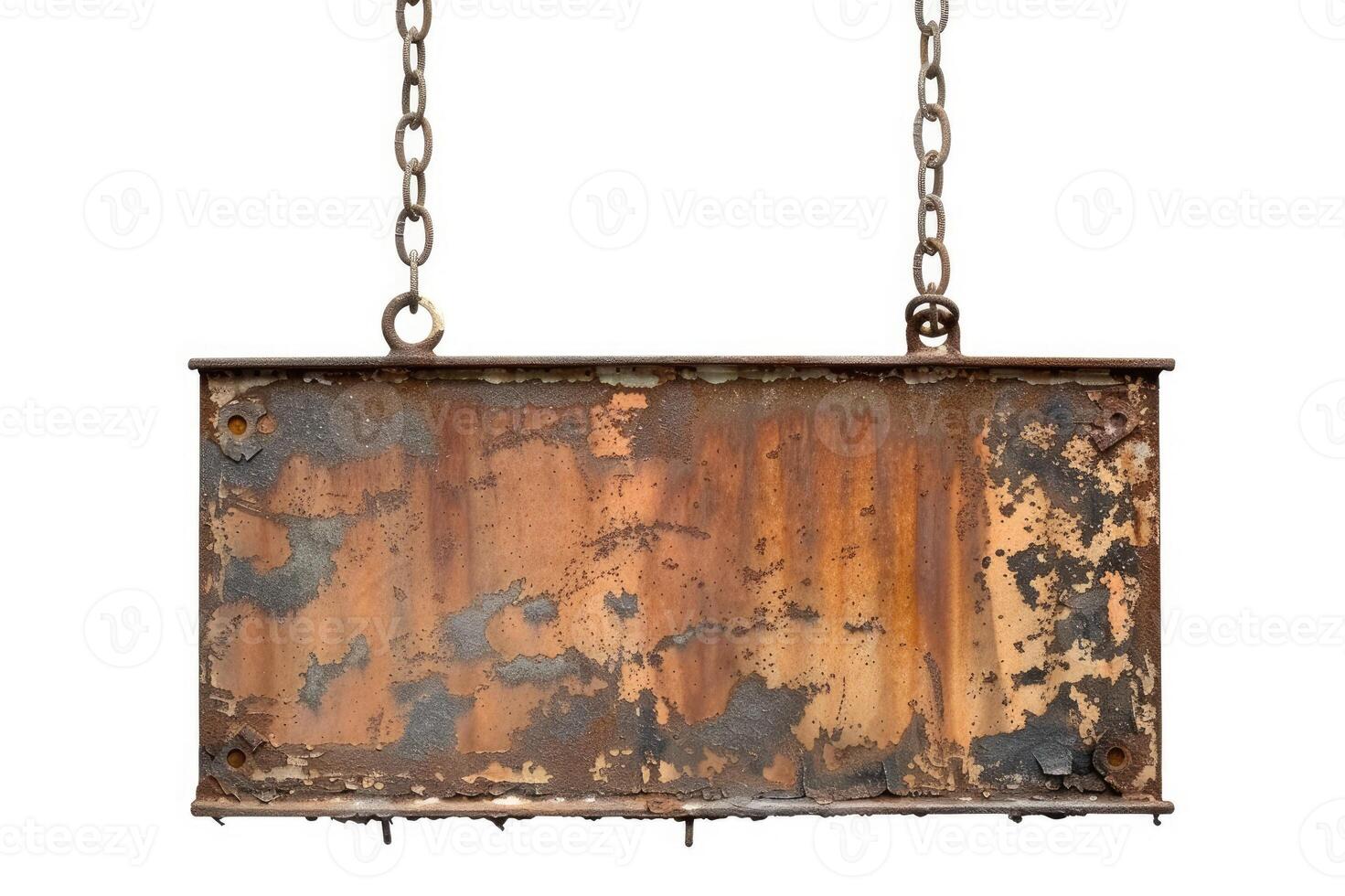 Old rusty tin sign hanging on a chain photo