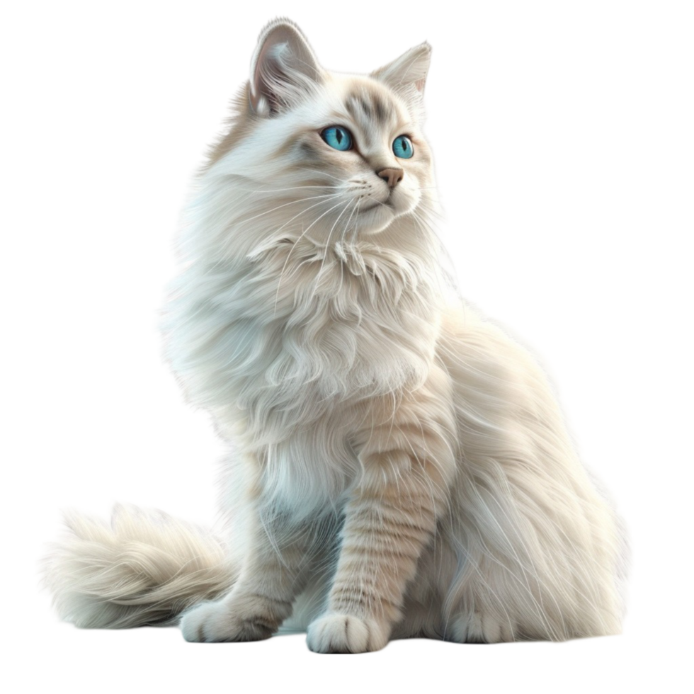 A fluffy cat with blue eyes sitting down On Transparent Background. png