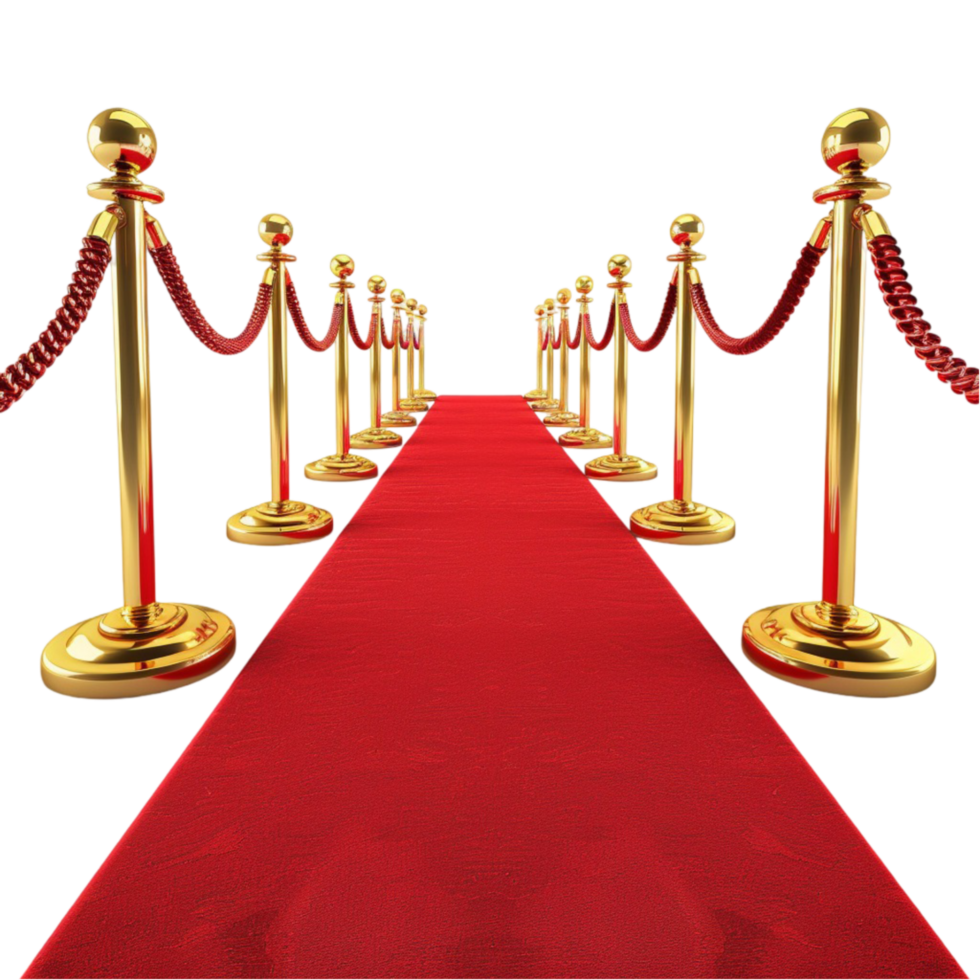 Red carpet with gold poles and rope barriers On Transparent Background. png