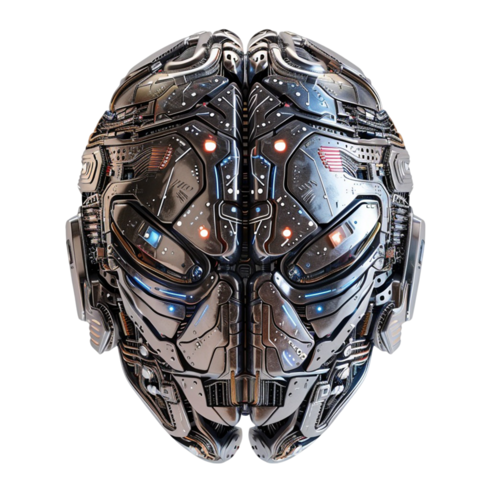 A robot head with a metal face on a transparent background png