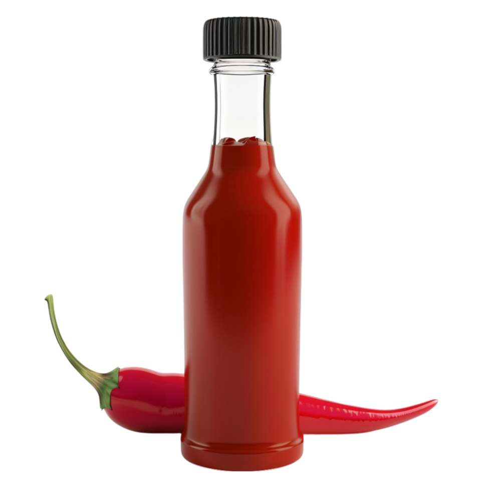 A bottle of hot sauce with a chili pepper on the side On Transparent Background. png