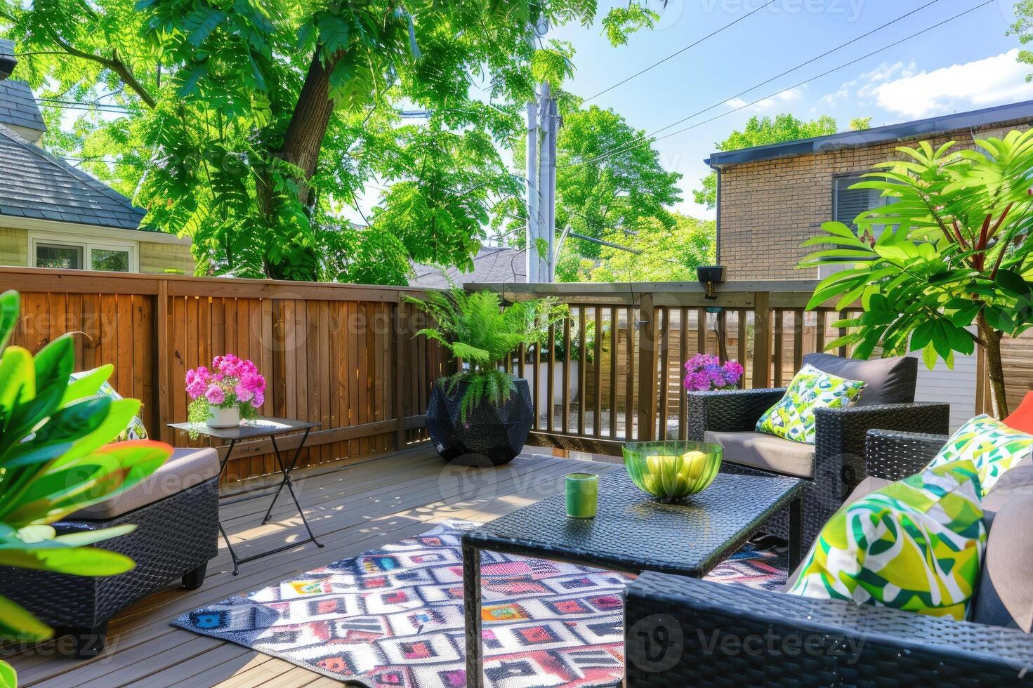 Beautiful of modern terrace with deck flooring and fence, green potted flowers plants and outdoors furniture. Cozy relaxing area at home. photo