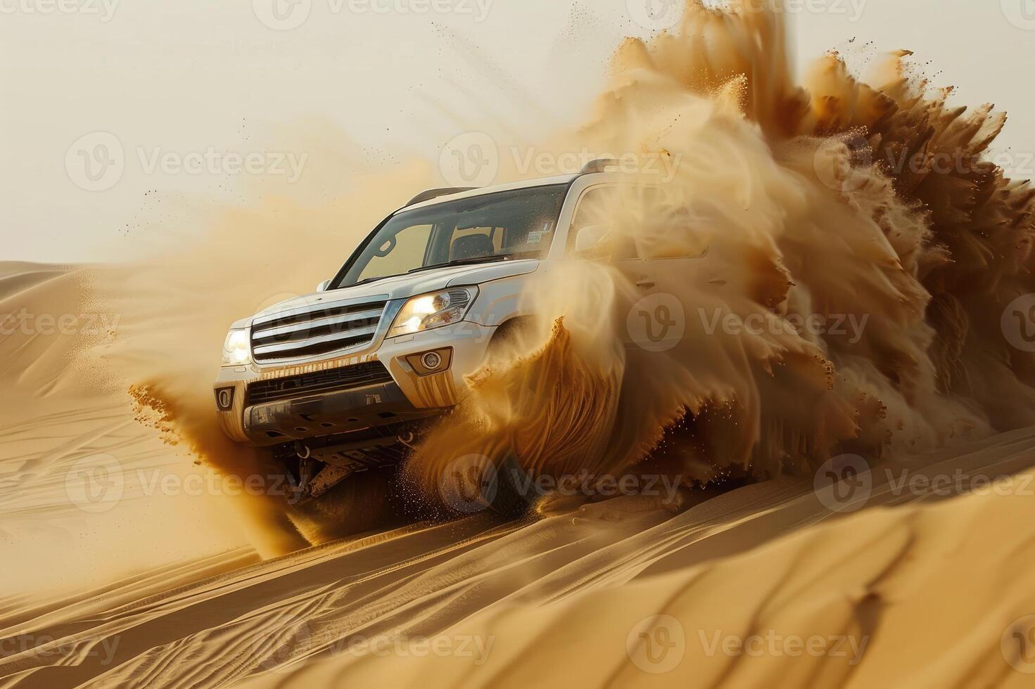 A powerful SUV performs a dynamic slide on the sandy desert dunes with dust clouds billowing around it photo