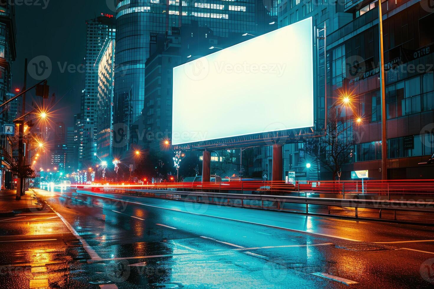 A vibrant city street at night illuminated by lights, featuring a blank billboard ready for advertising photo