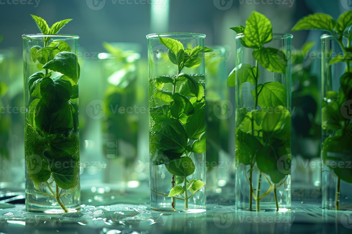 Green plant in laboratory tubes for research. Ecological breeding and plant development photo