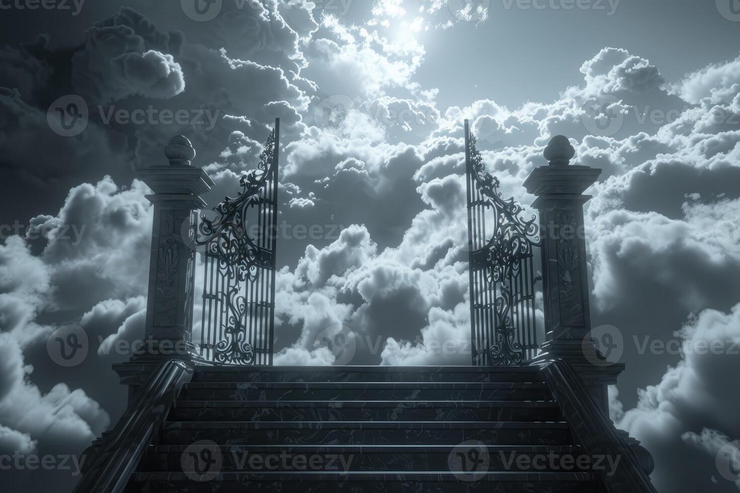 Black long stairs to heaven, iron gates partly open above, clouds on either side photo