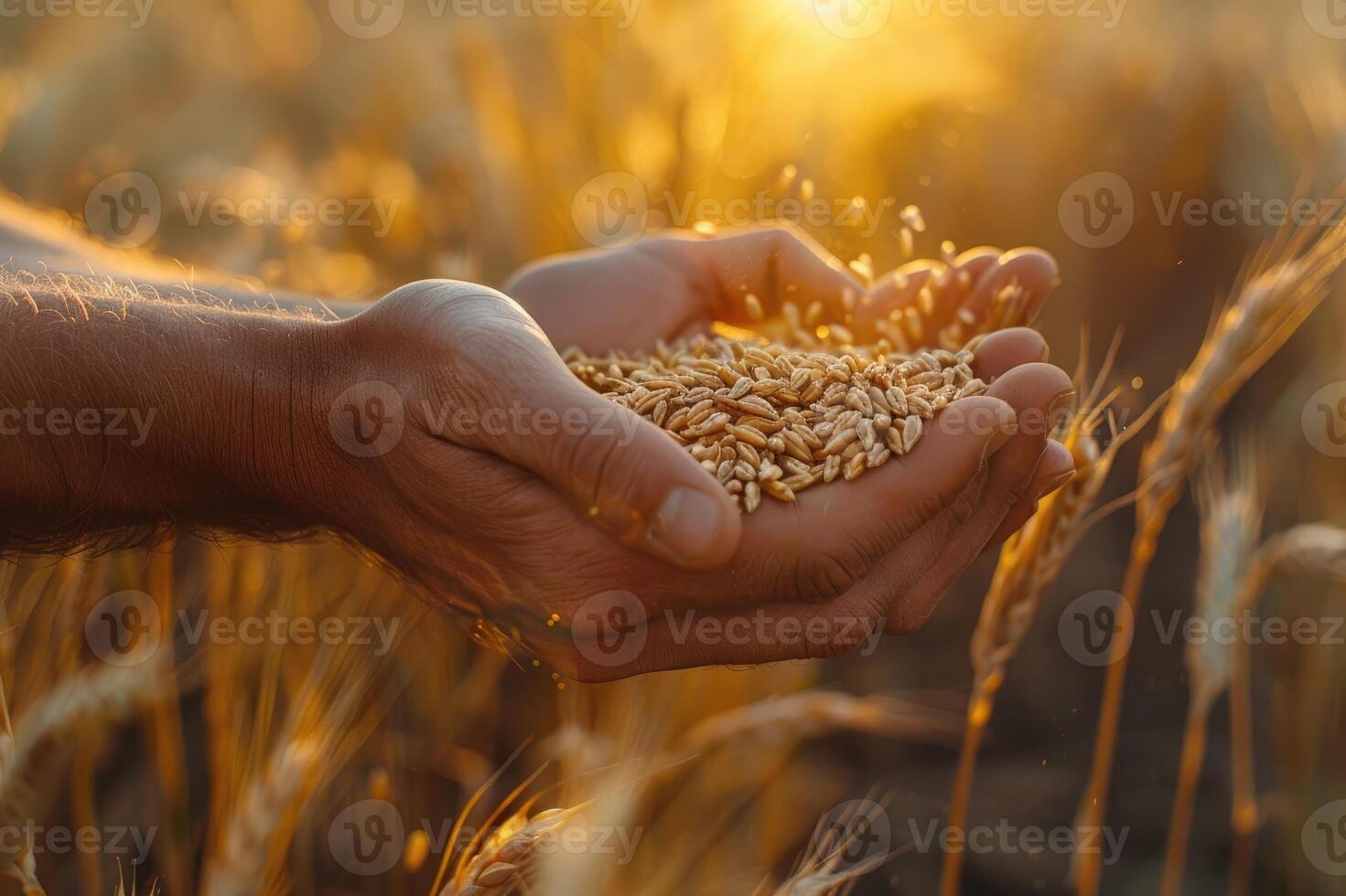 Hand holding a handful of golden wheat grains with a warm sunset over a wheat field background photo