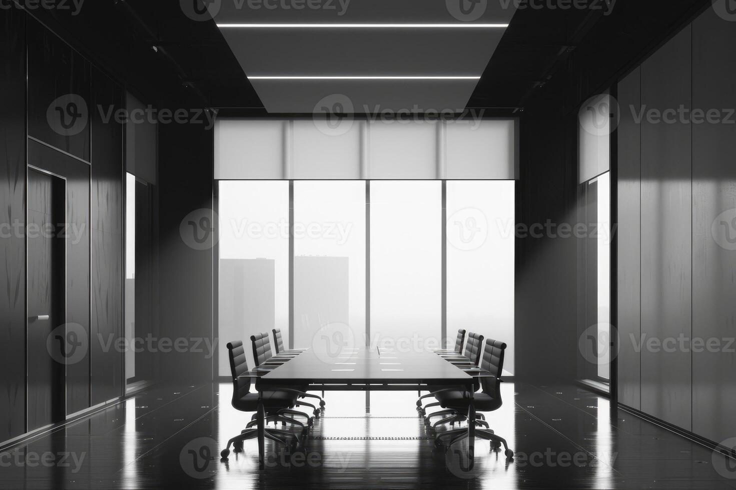 Front view of empty modern conference room with office table and chairs. photo