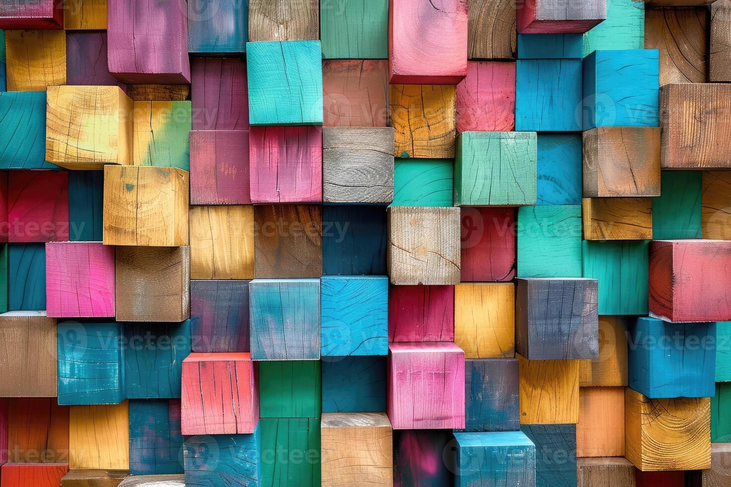 Abstract block stack wooden 3d cubes, colorful wood texture for backdrop photo