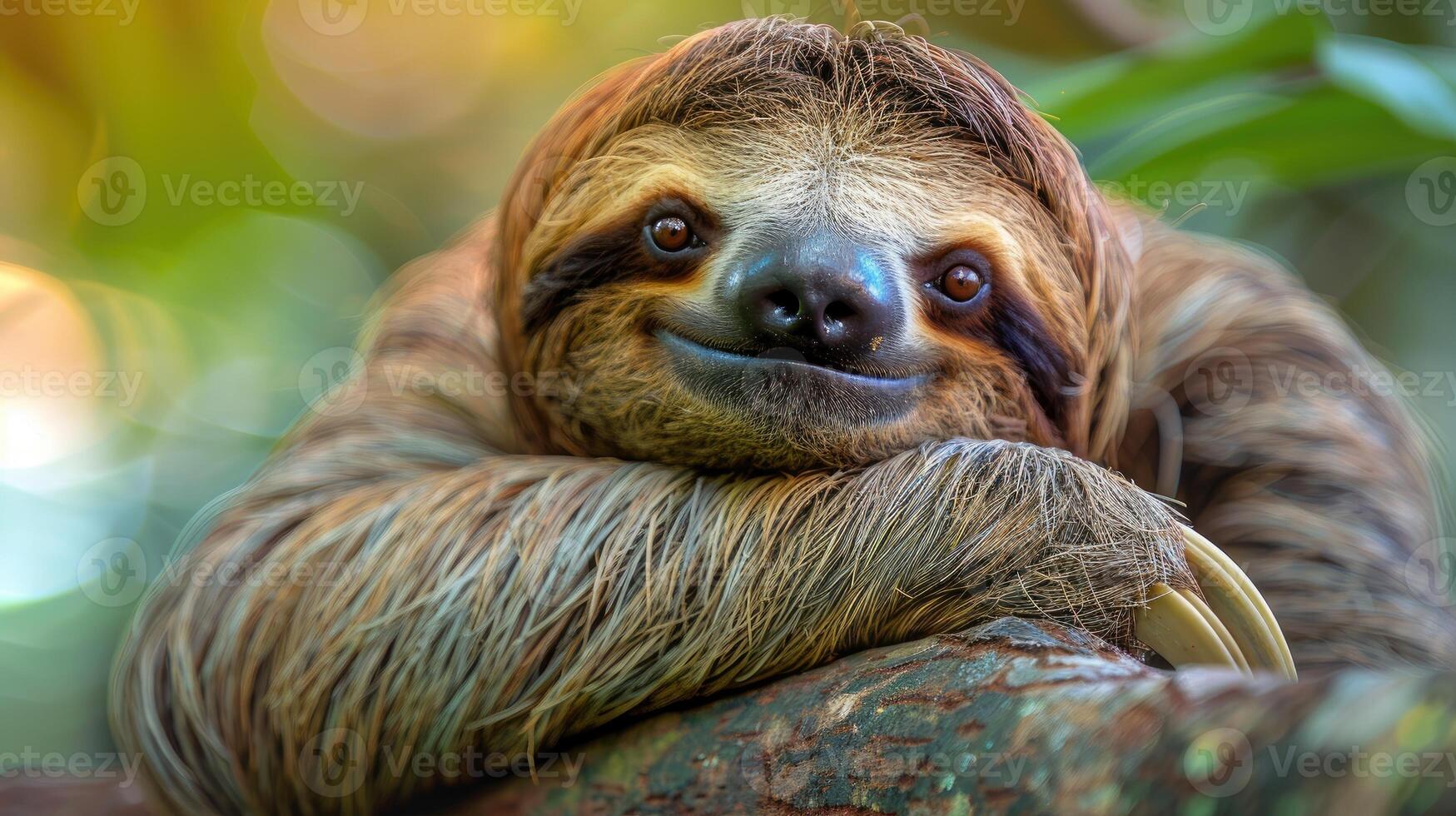 Funny sloth hanging on tree branch. Wild animal in the rainforest of Costa Rica photo