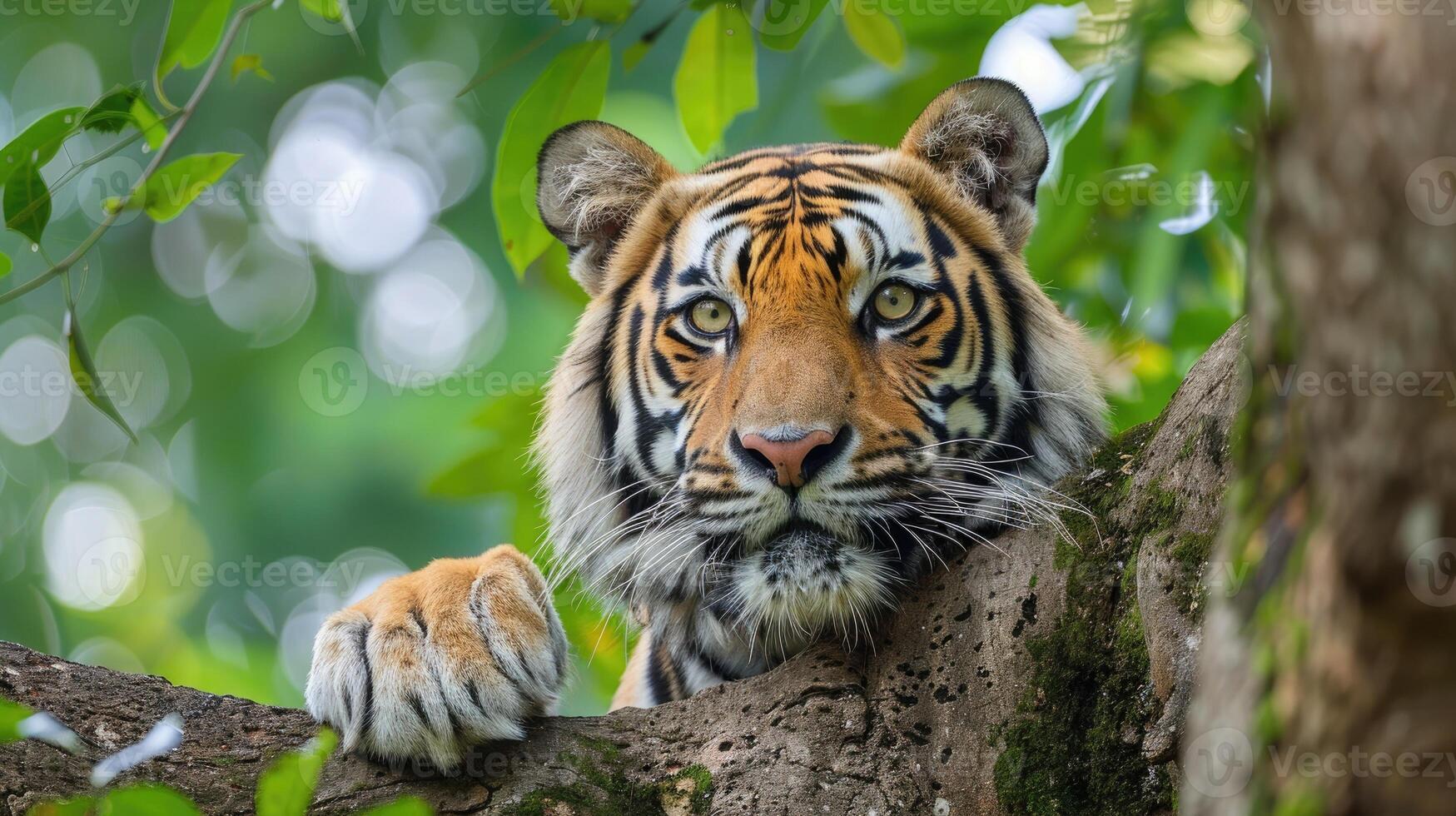 Tiger on a tree in the green jungle of central India photo