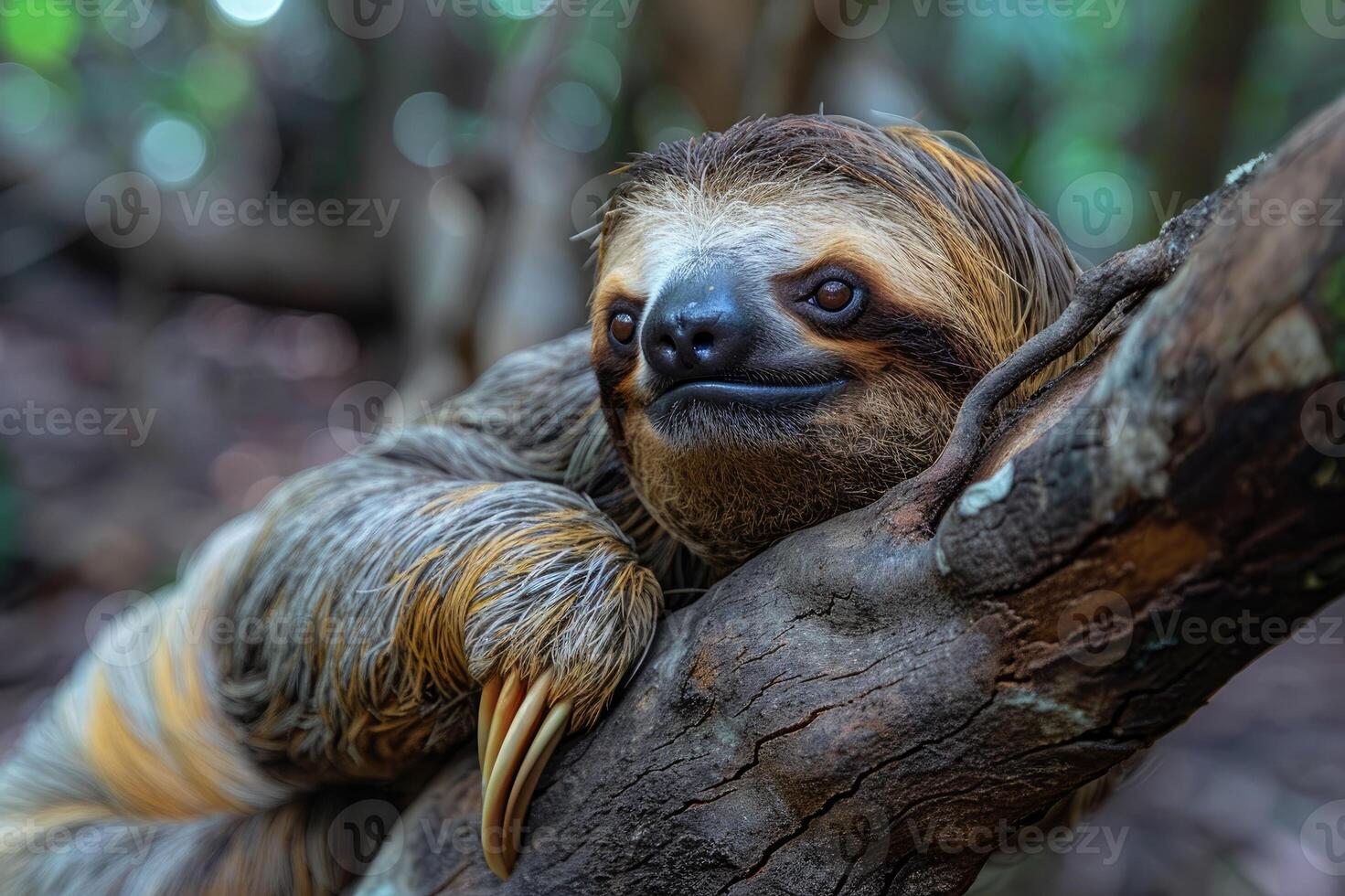 Funny sloth hanging on tree branch. Wild animal in the rainforest of Costa Rica photo