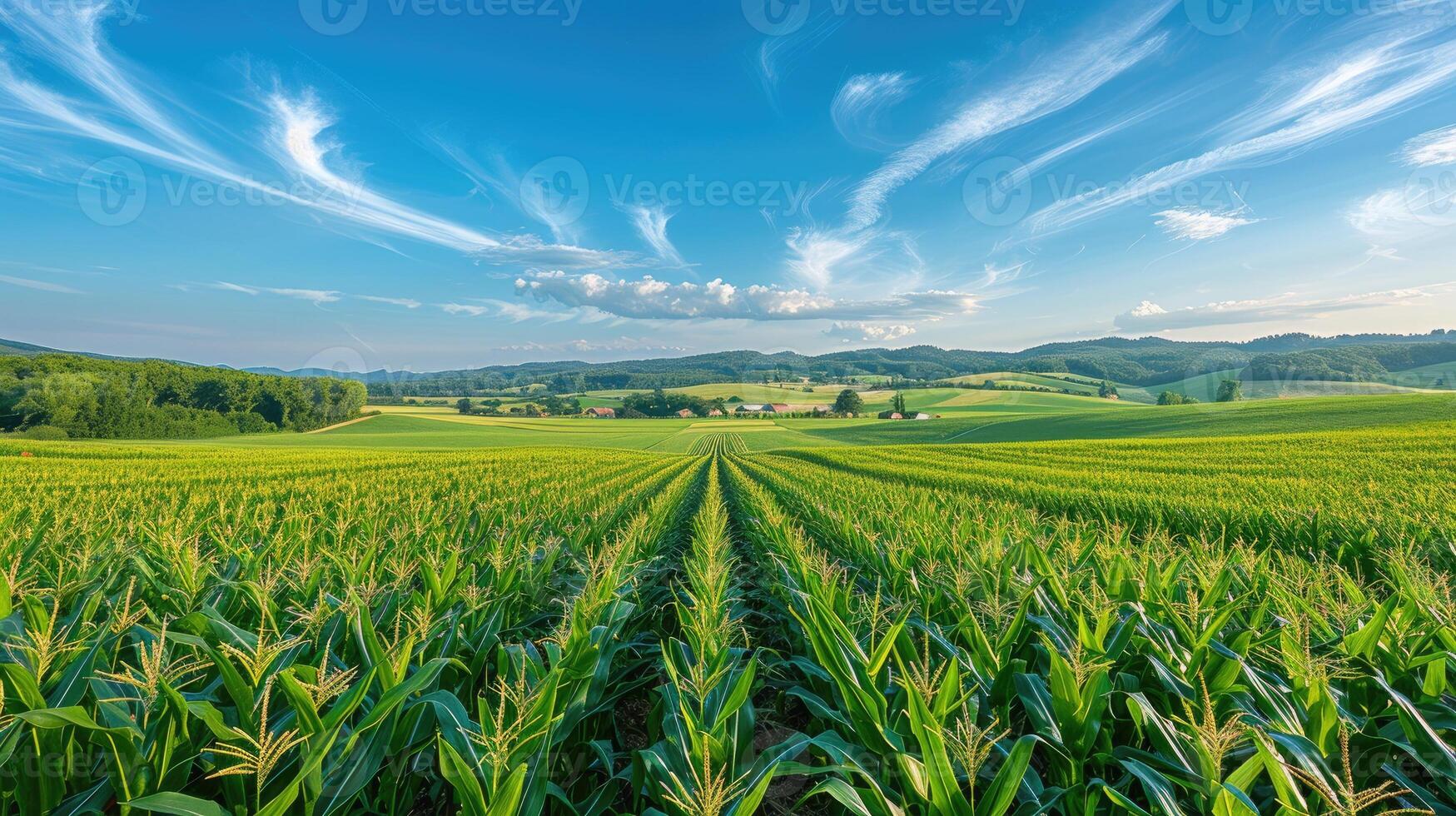 Corn plantation, endless rows of tall, green corn stalks with golden tassels under a bright blue sky photo
