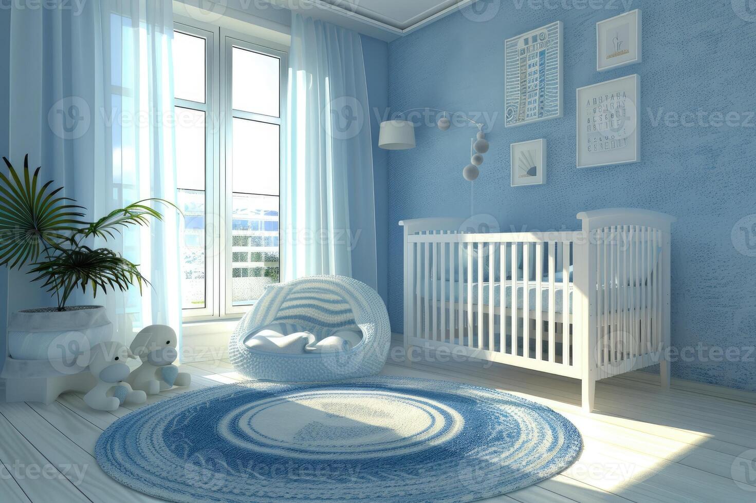 Blue baby bedroom with cot and rug. photo