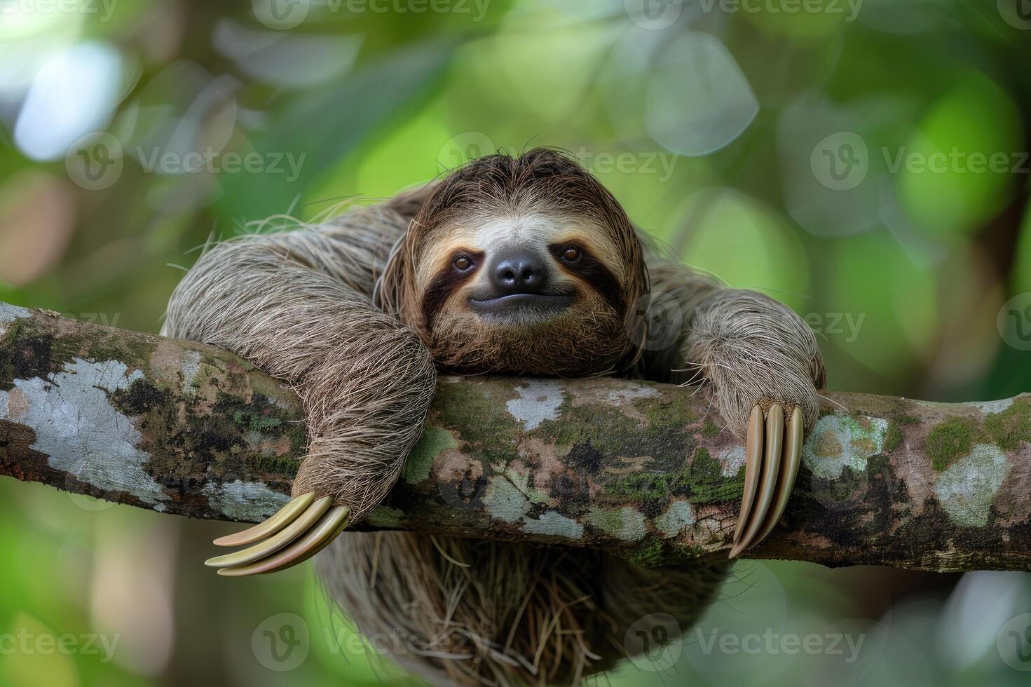 Funny sloth hanging on tree branch. Wild animal in the rainforest of Costa Rica photo