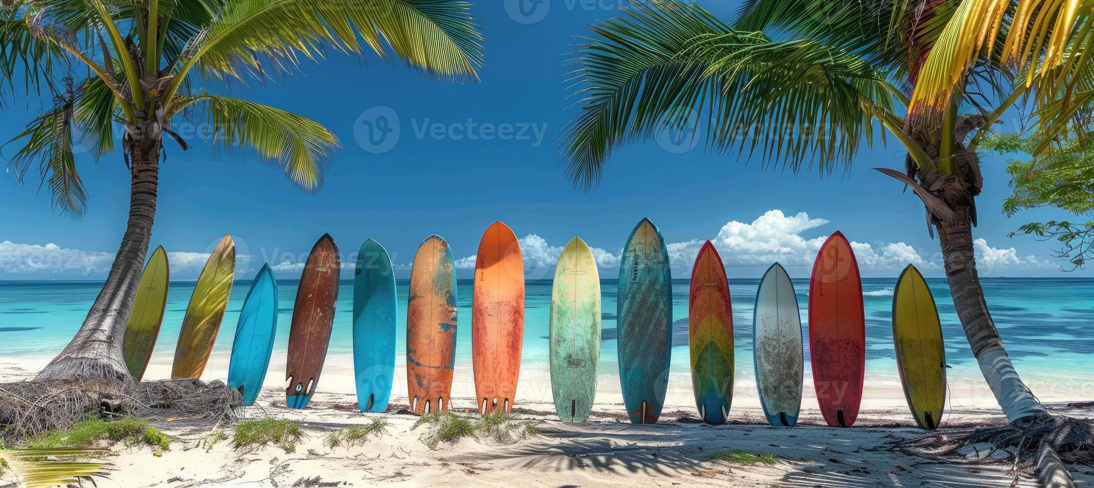 Line of vividly colored surfboards standing against coconut palms on a pristine tropical beach with blue waters photo