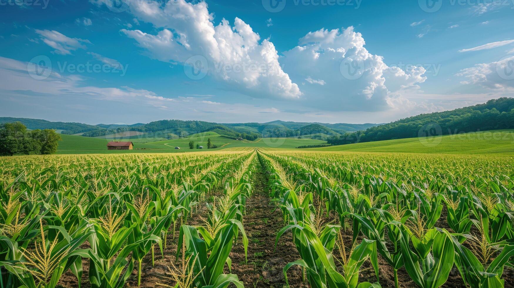 A verdant cornfield extends towards rolling hills under a blue sky with fluffy clouds photo