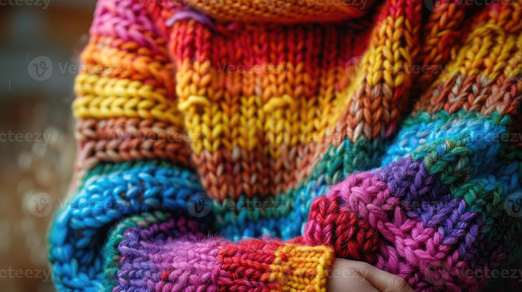 Detailed close-up of multicolored knit patterns on a cozy handmade sweater photo