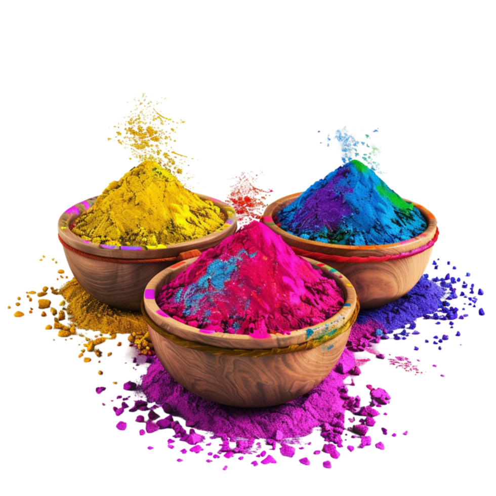 Colourful powder in bowls on transparent background png
