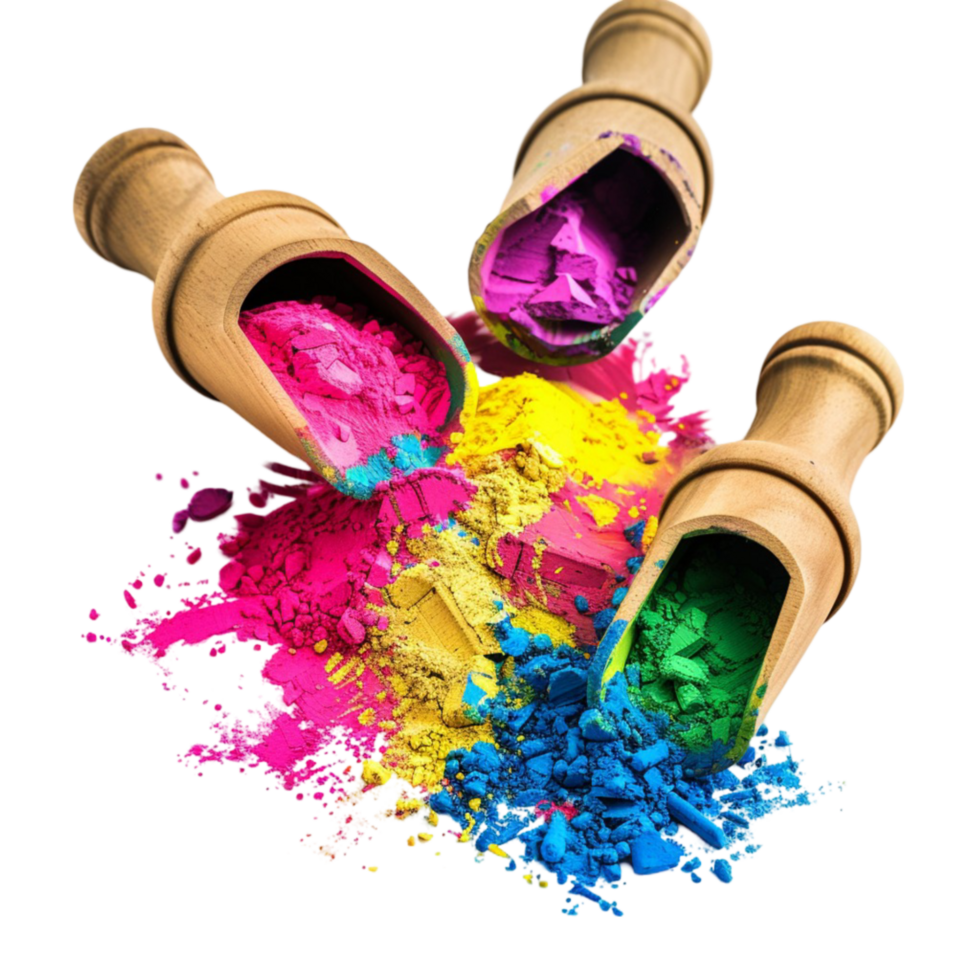 Colorful powder and paint on a wooden barrel On Transparent Background. png