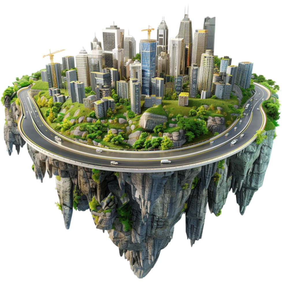 a city on an island with a road and trees isolated on white background png