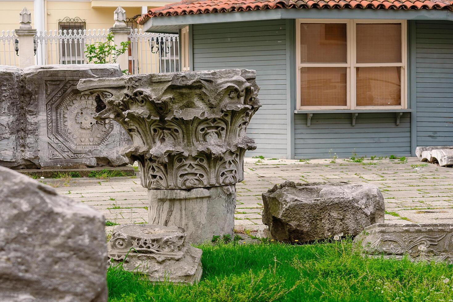 Istanbul, Turkey, April 15, 2023, courtyard of Hagia Sophia in Istanbul. Ancient fragments of the temple in the area near the entrance to Hagia Sophia. photo