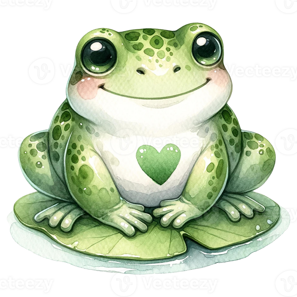 Cute cartoon frog with a green heart sitting on a lily pad. png