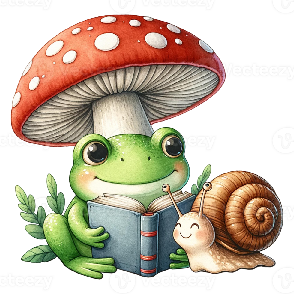 A cute frog and snail reading a book under a large red mushroom. Friendship concept png