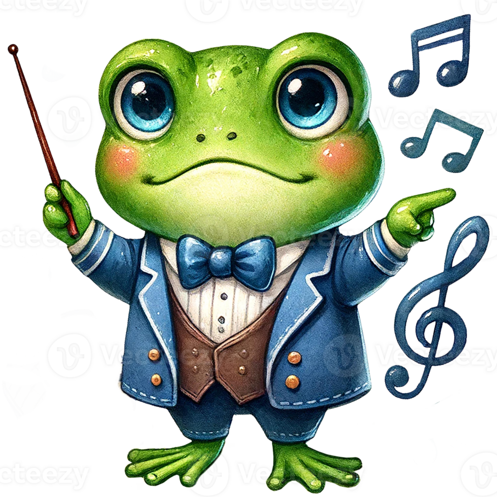 une mignonne dessin animé grenouille habillé comme une conducteur, de premier plan un orchestre avec une bâton. png