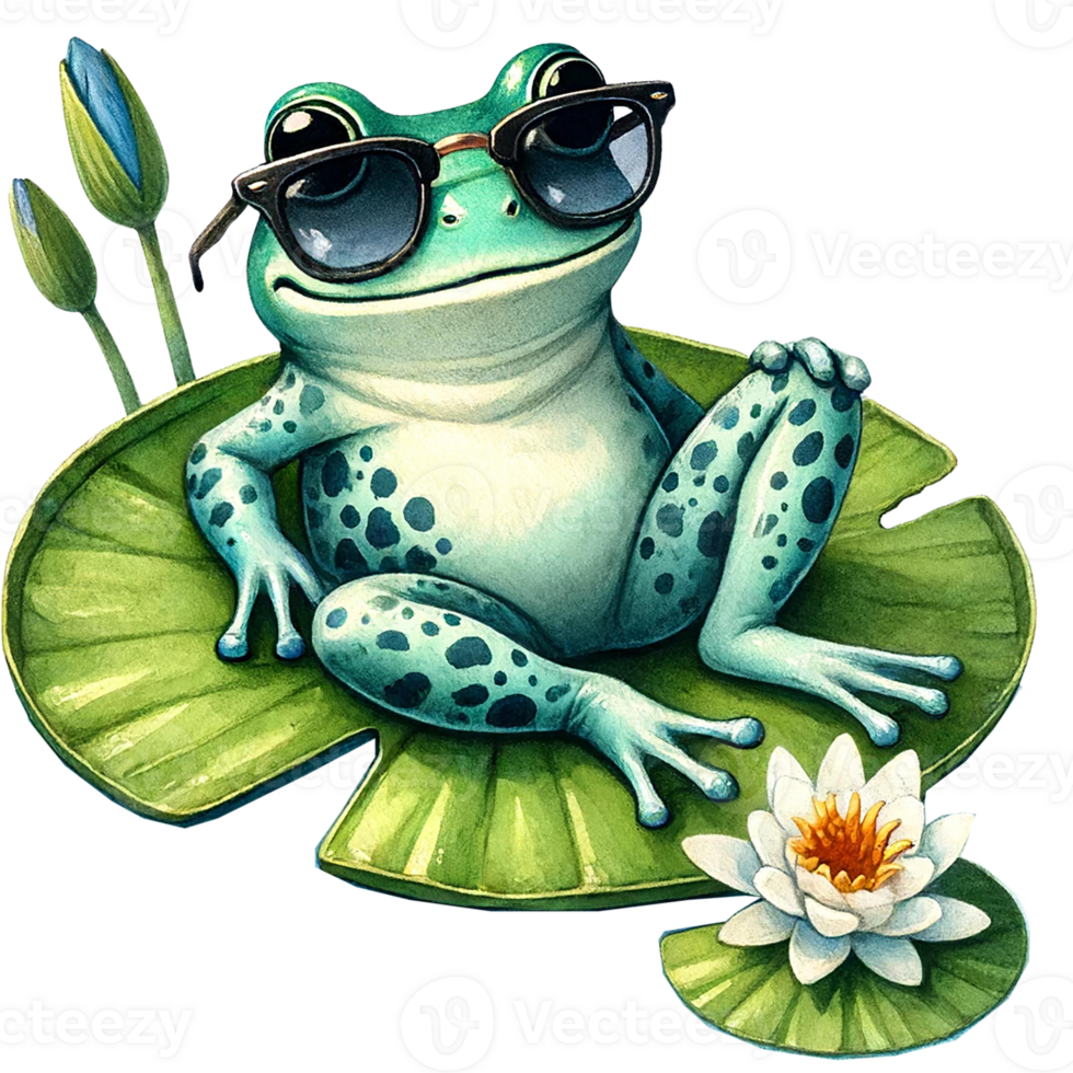 A cool frog wearing sunglasses relaxes on a lily pad with a white water lily. png