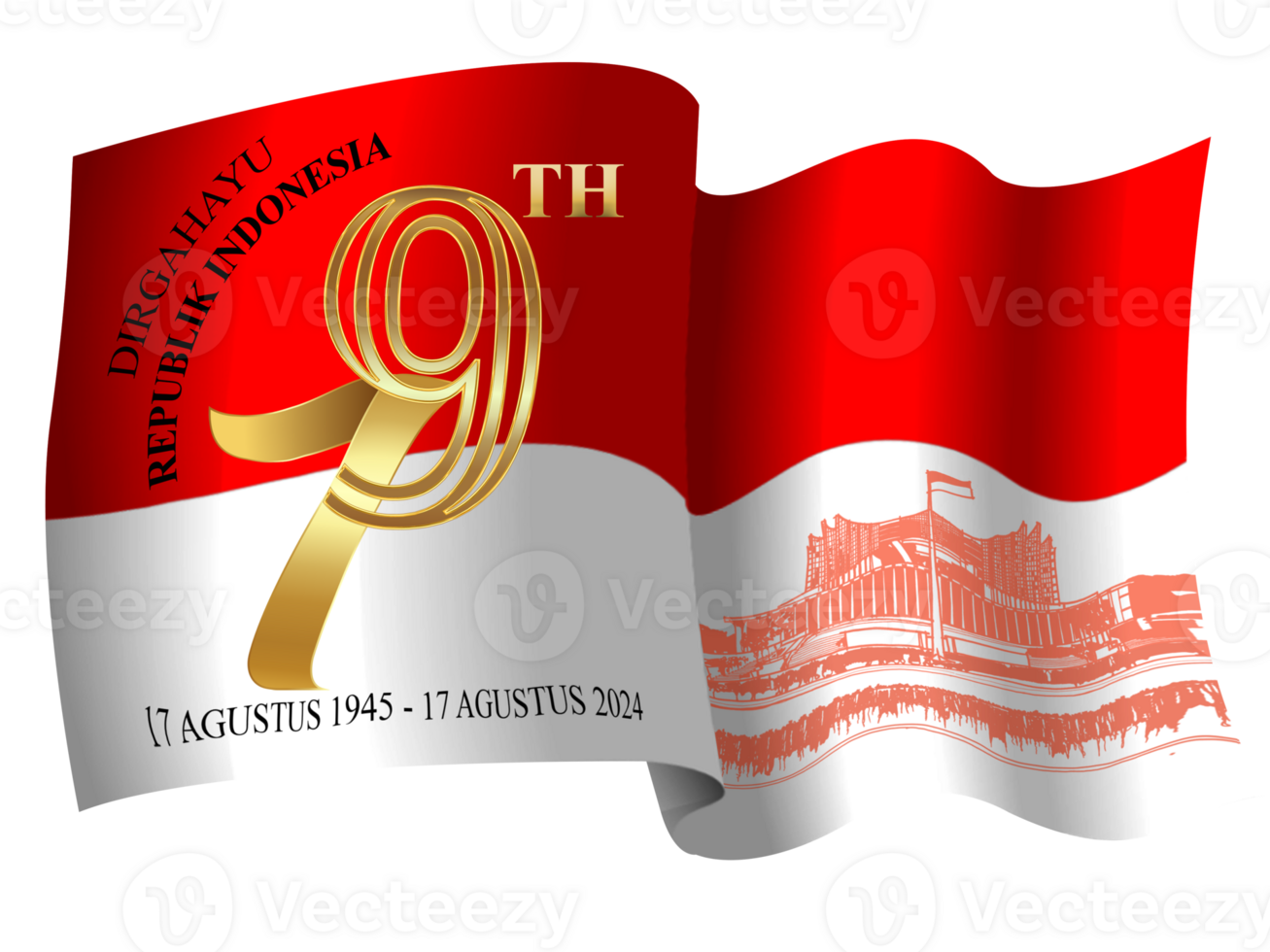 Illustration of the design for the 79th anniversary of the Republic of Indonesia. Sketch of IKN Nusantara on the Indonesian Red and White flag. png